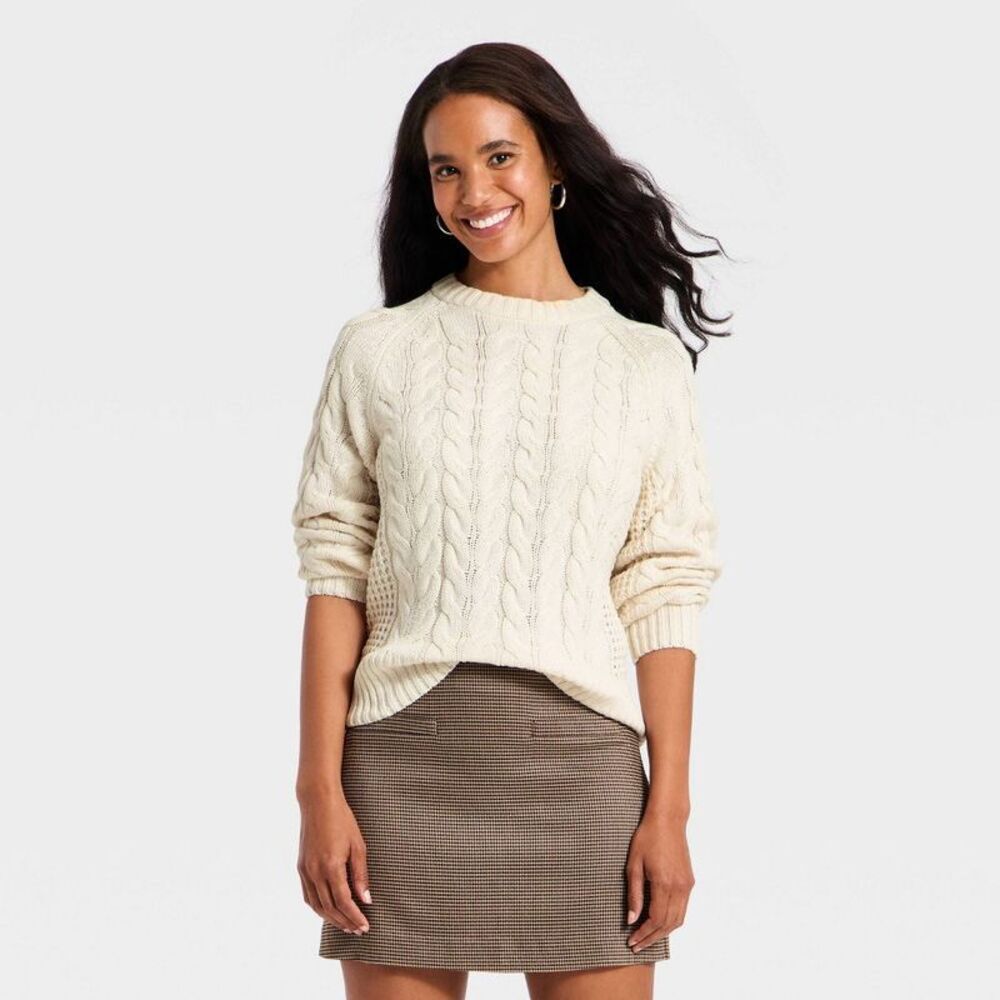 Women's Round Neck Cable Sweater - A New Day Cream S